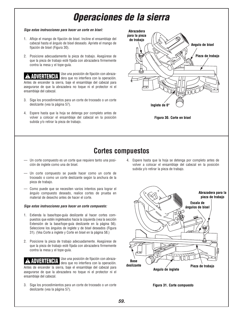 Operaciones de la sierra, Cortes compuestos, Advertencia | 0 ° miter workpiece clamp bevel angle workpiece | Bosch 3915 User Manual | Page 59 / 104