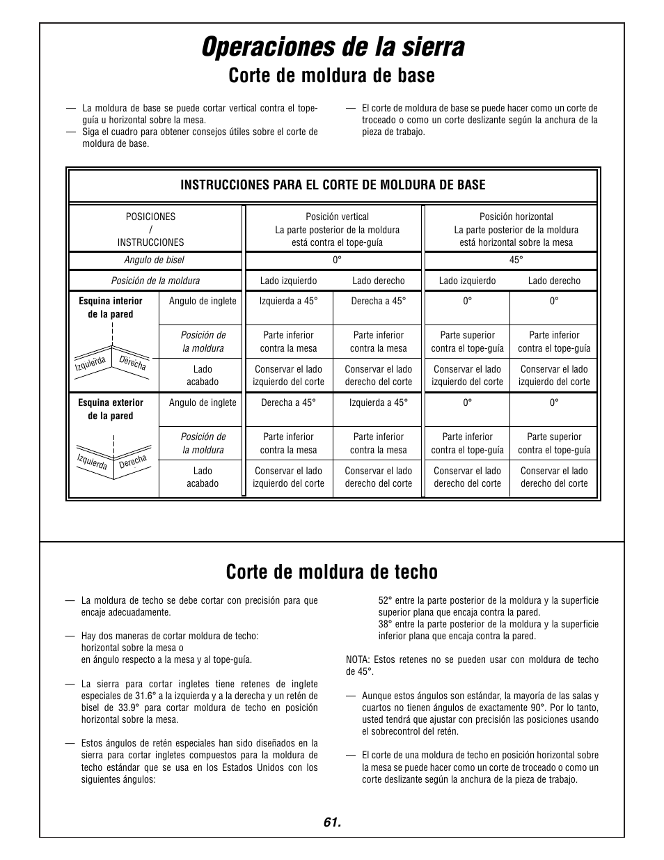 Operaciones de la sierra, Corte de moldura de base, Corte de moldura de techo | Instrucciones para el corte de moldura de base | Bosch 3915 User Manual | Page 61 / 104