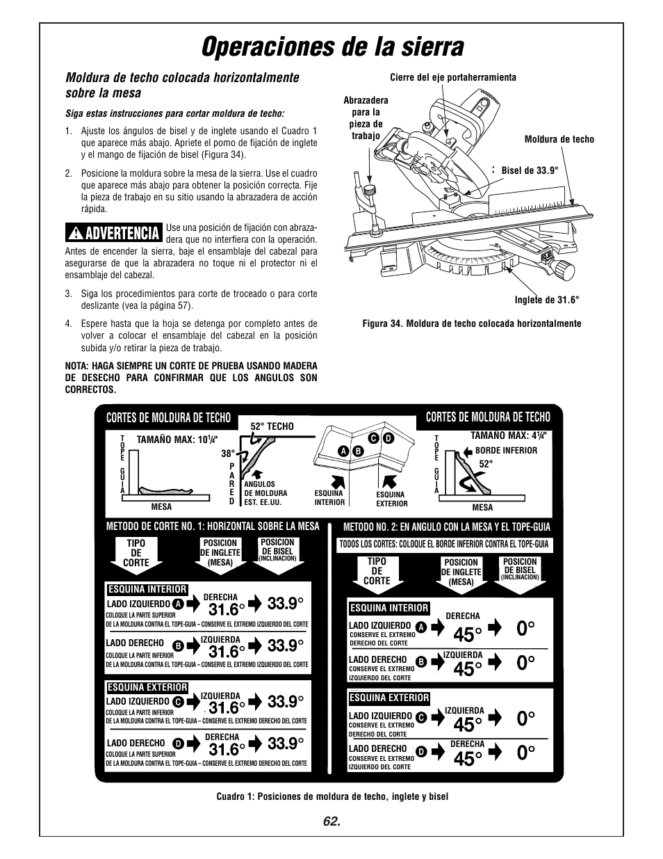 Operaciones de la sierra, Advertencia, Cortes de moldura de techo | Bosch 3915 User Manual | Page 62 / 104