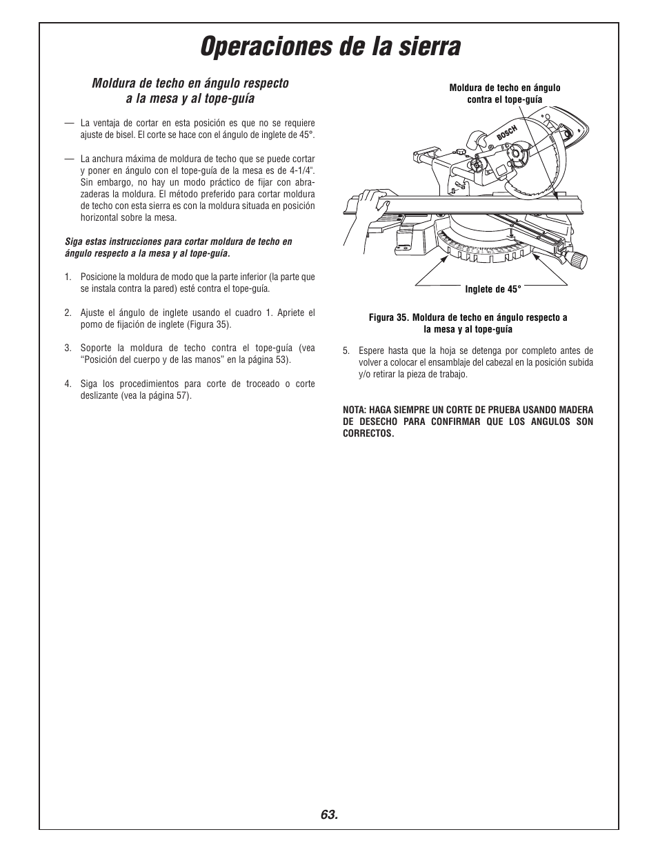 Operaciones de la sierra, 45 ° miter, Crown molding angled against fence | Bosch 3915 User Manual | Page 63 / 104