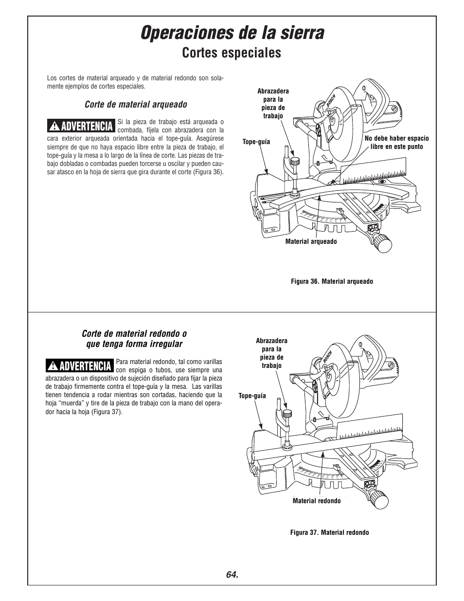 Operaciones de la sierra, Cortes especiales, Advertencia | Corte de material arqueado, Round material fence workpiece clamp | Bosch 3915 User Manual | Page 64 / 104