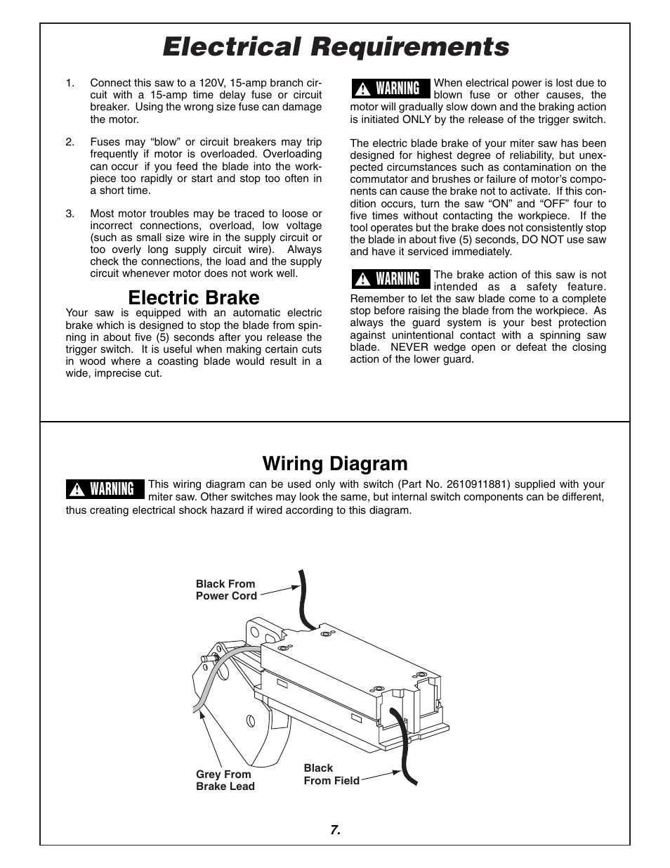 Electrical requirements, Electric brake, Wiring diagram | Warning | Bosch 3915 User Manual | Page 7 / 104