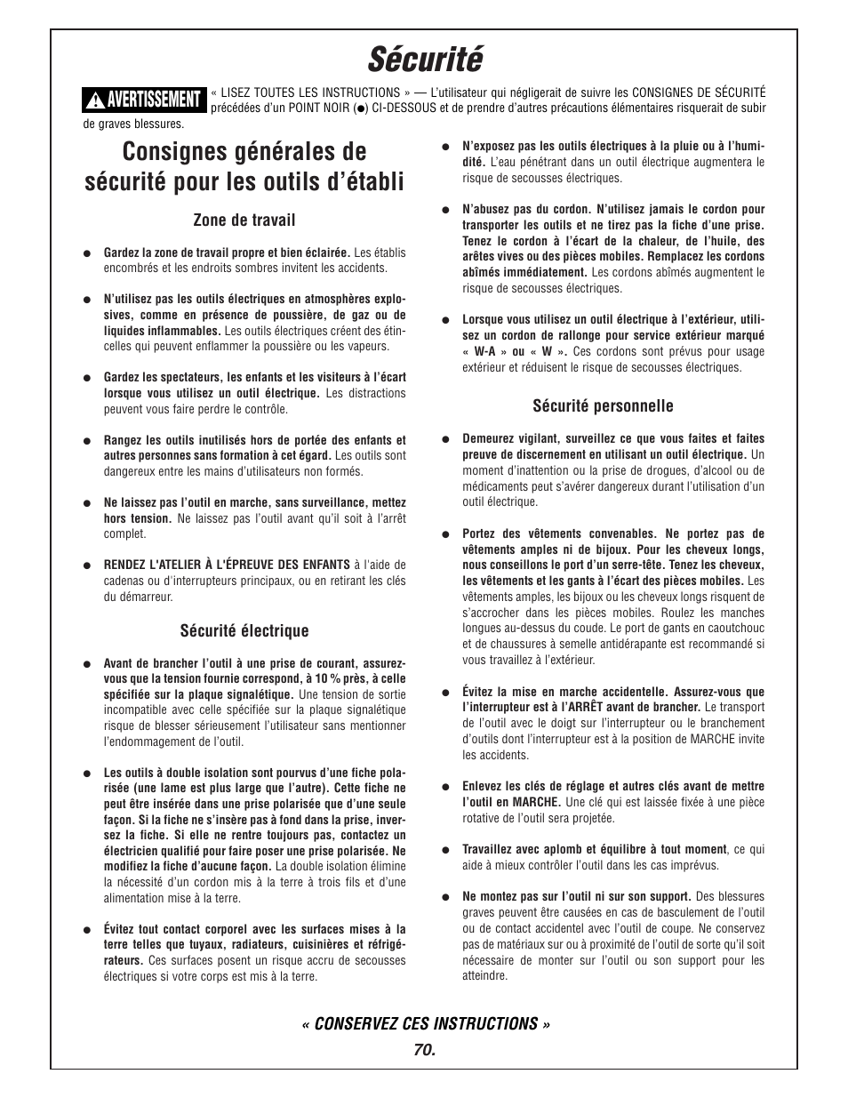 Sécurité, Avertissement, Zone de travail | Sécurité électrique, Sécurité personnelle, Conservez ces instructions | Bosch 3915 User Manual | Page 70 / 104