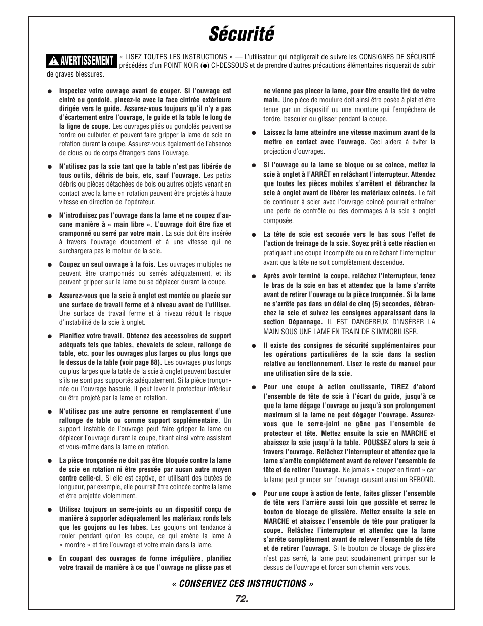 Sécurité, Avertissement, Conservez ces instructions | Bosch 3915 User Manual | Page 72 / 104