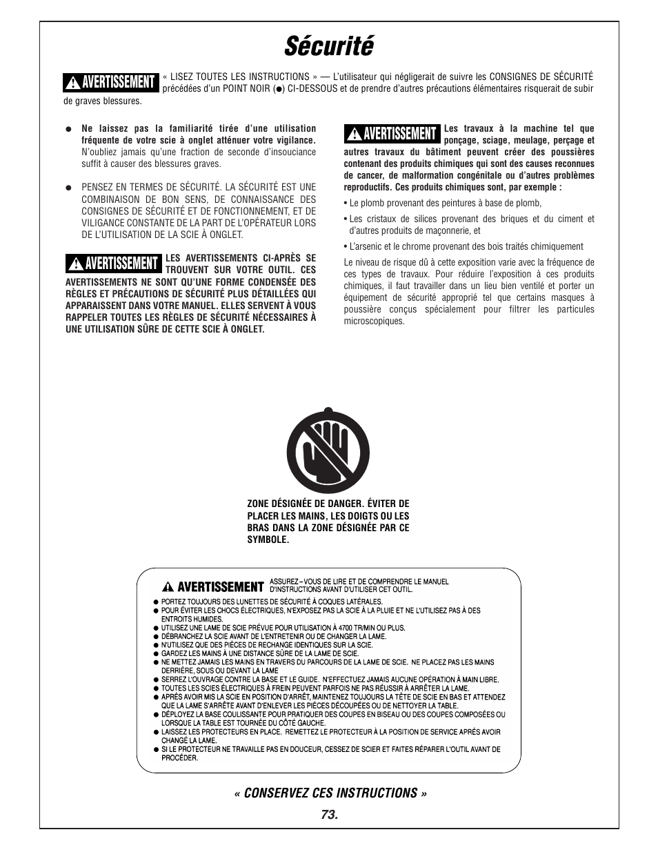 Sécurité, Avertissement | Bosch 3915 User Manual | Page 73 / 104