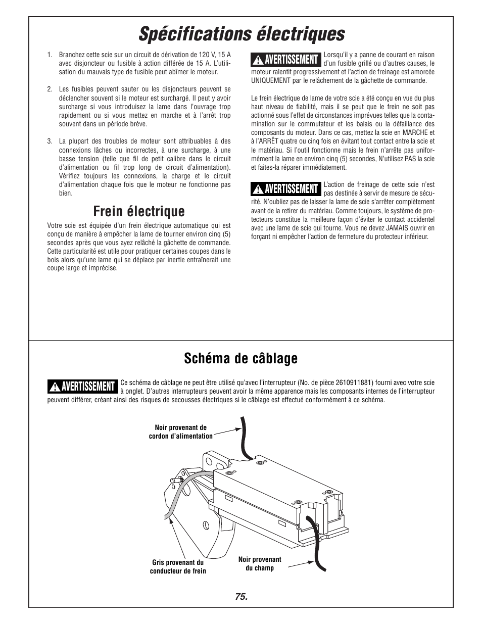 Spécifications électriques, Frein électrique, Schéma de câblage | Avertissement | Bosch 3915 User Manual | Page 75 / 104