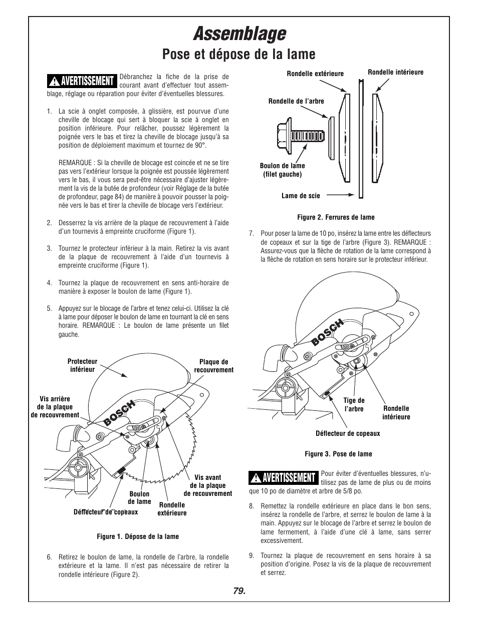 Assemblage, Pose et dépose de la lame, Avertissement | Bosch | Bosch 3915 User Manual | Page 79 / 104