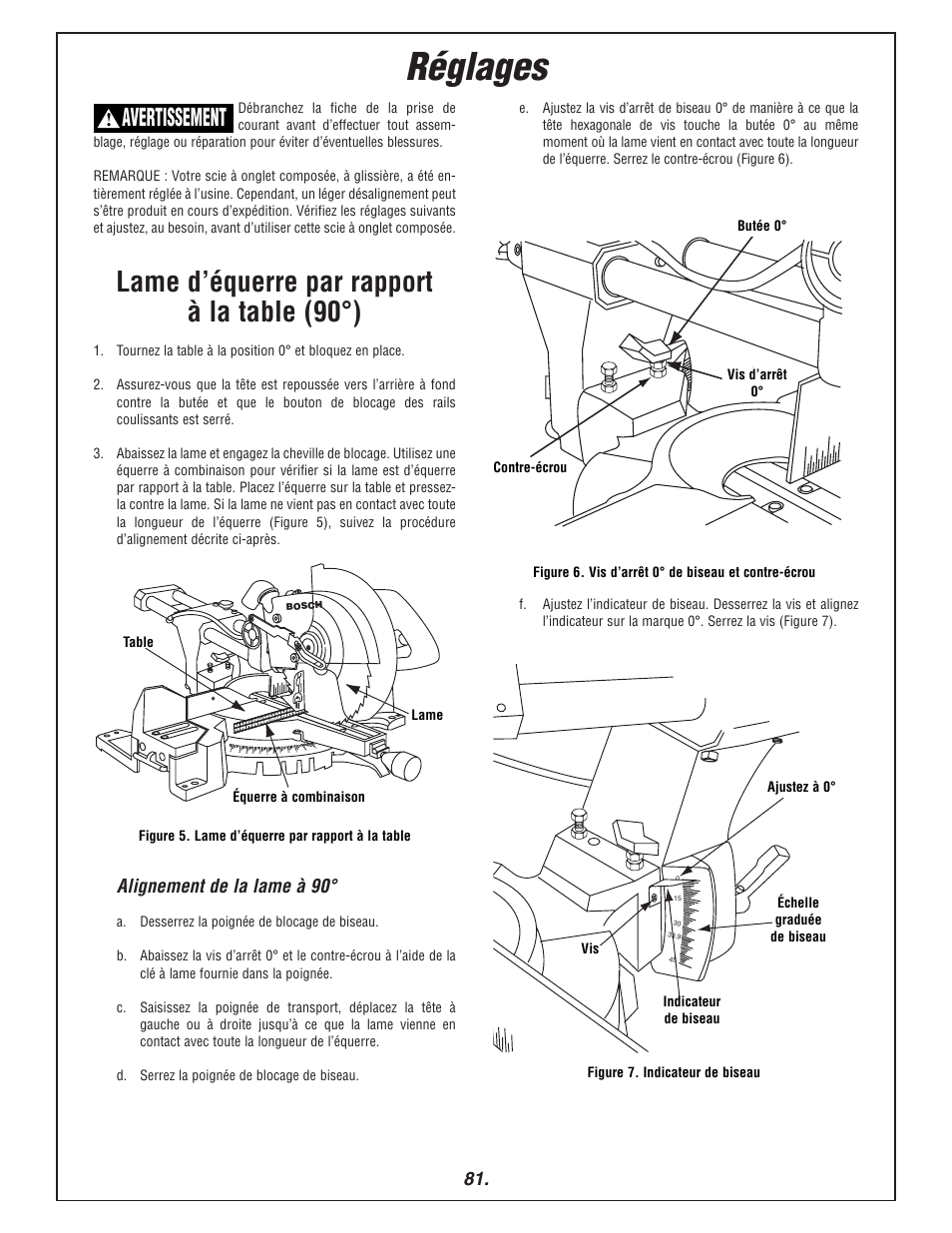 Réglages, Lame d’équerre par rapport à la table (90°), Avertissement | Alignement de la lame à 90 | Bosch 3915 User Manual | Page 81 / 104