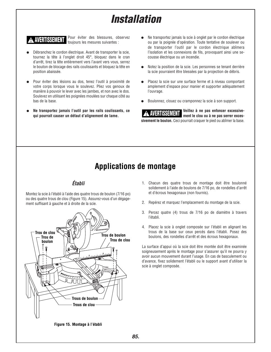 Installation, Applications de montage, Avertissement | Établi | Bosch 3915 User Manual | Page 85 / 104