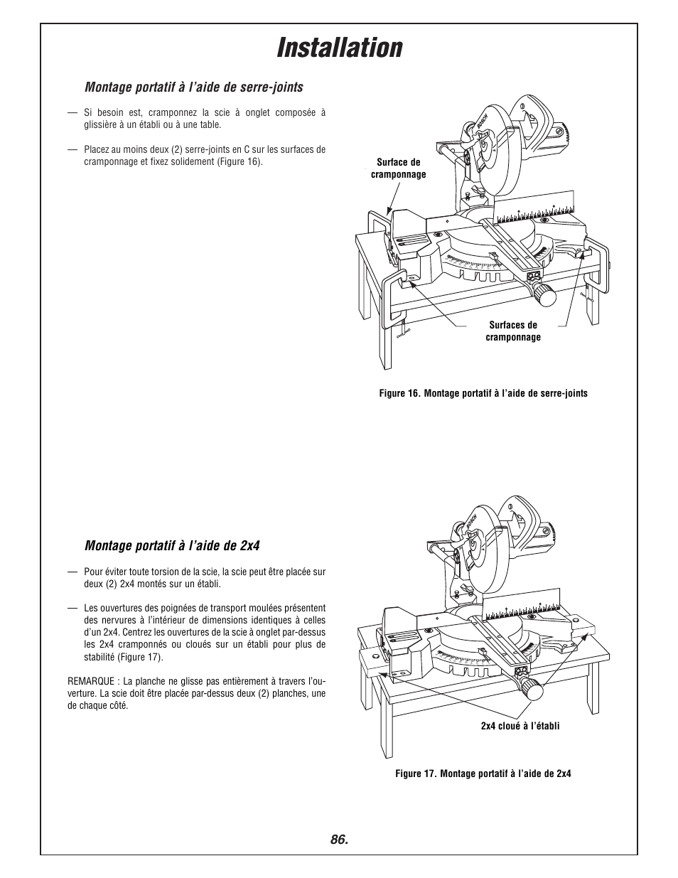 Installation, Montage portatif à l’aide de serre-joints, Montage portatif à l’aide de 2x4 | Clamping areas clamping area, 2x4 nailed to workbench | Bosch 3915 User Manual | Page 86 / 104