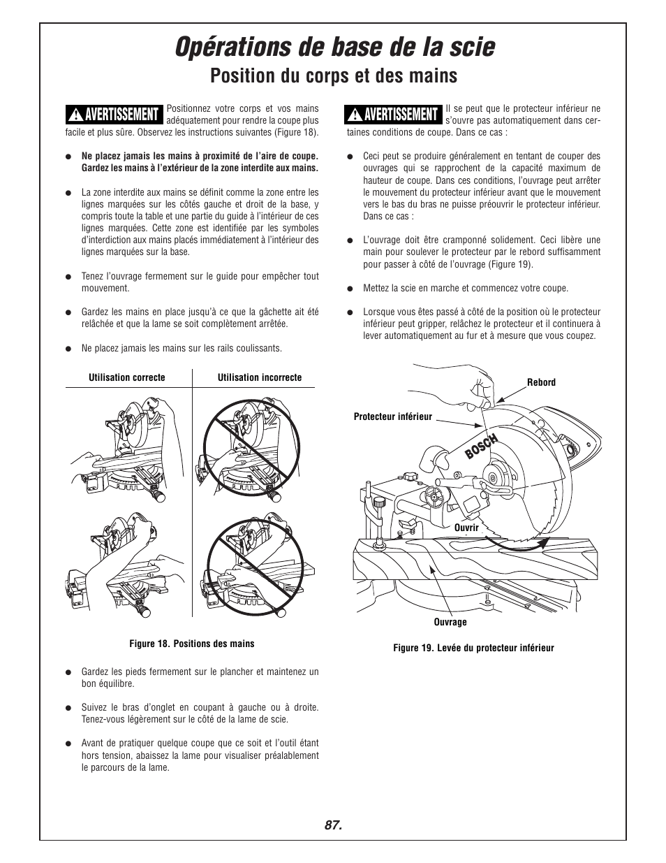 Opérations de base de la scie, Position du corps et des mains, Avertissement | Bosch | Bosch 3915 User Manual | Page 87 / 104