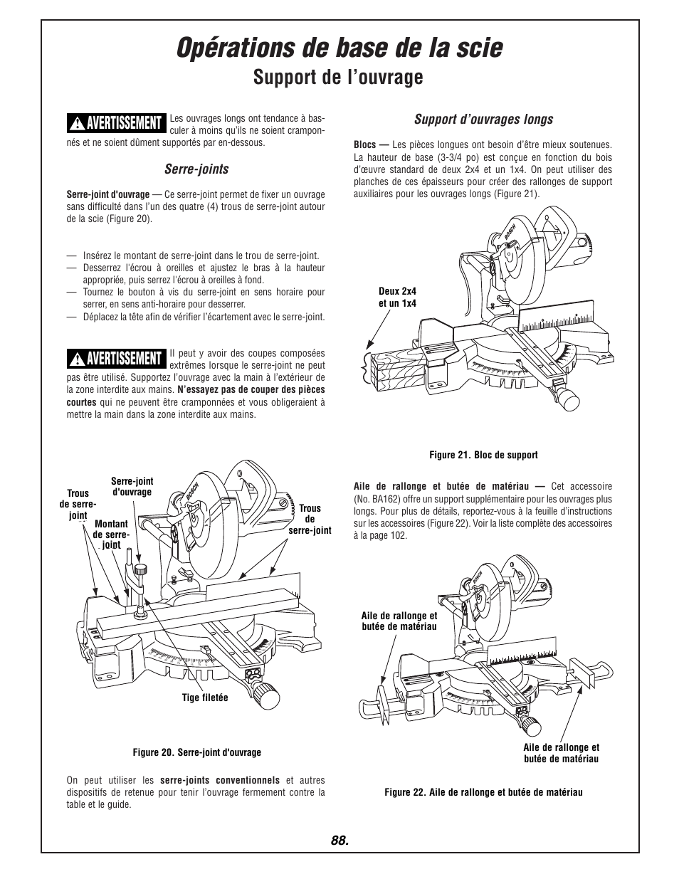 Opérations de base de la scie, Support de l’ouvrage, Avertissement | Serre-joints, Support d’ouvrages longs, Two 2x’s and one 1x’s | Bosch 3915 User Manual | Page 88 / 104