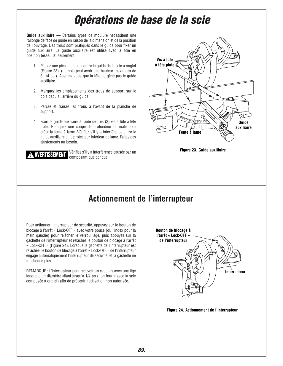 Opérations de base de la scie, Actionnement de l’interrupteur, Avertissement | Bosch 3915 User Manual | Page 89 / 104