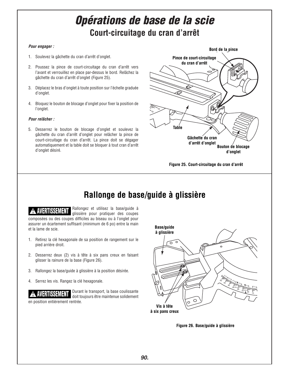 Opérations de base de la scie, Court-circuitage du cran d’arrêt, Rallonge de base/guide à glissière | Avertissement | Bosch 3915 User Manual | Page 90 / 104