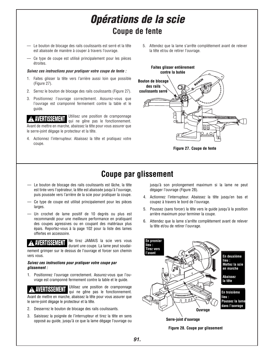 Opérations de la scie, Coupe de fente coupe par glissement, Avertissement | Bosch 3915 User Manual | Page 91 / 104