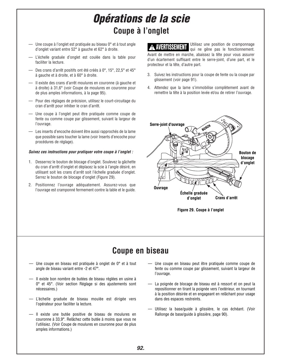 Opérations de la scie, Coupe à l’onglet coupe en biseau, Avertissement | Miter lock knob detents miter scale, Workpiece clamp workpiece | Bosch 3915 User Manual | Page 92 / 104