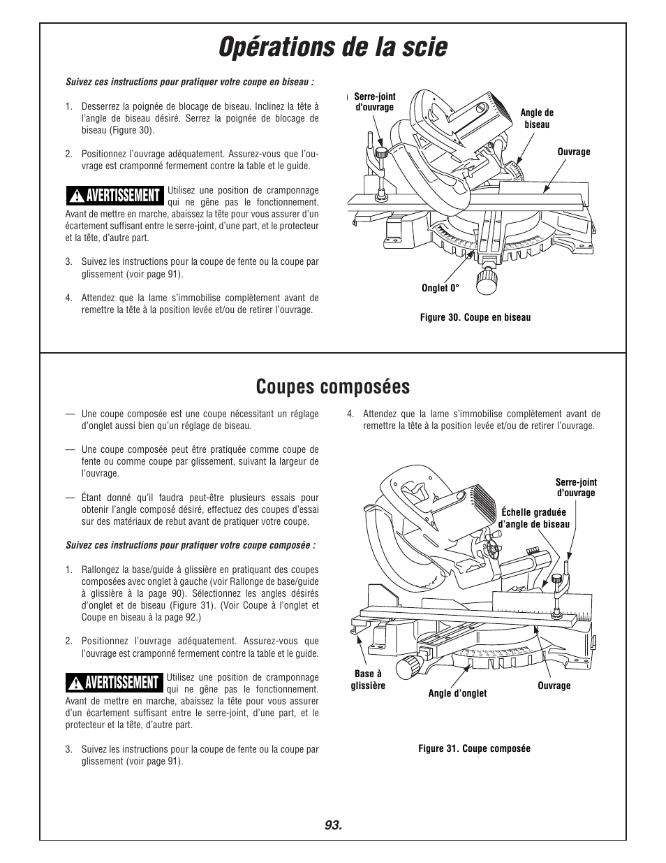 Opérations de la scie, Coupes composées, Avertissement | 0 ° miter workpiece clamp bevel angle workpiece | Bosch 3915 User Manual | Page 93 / 104