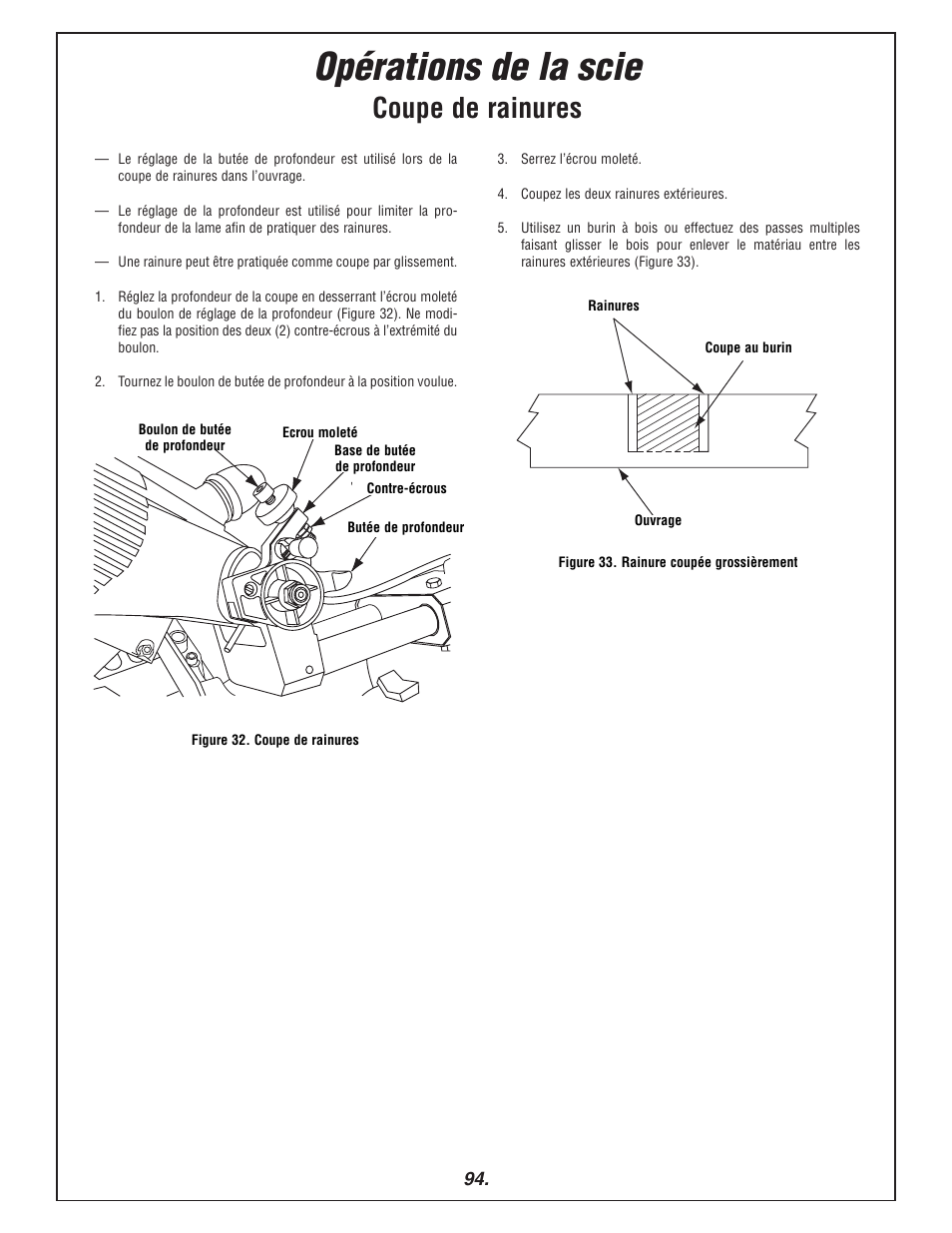 Opérations de la scie, Coupe de rainures | Bosch 3915 User Manual | Page 94 / 104