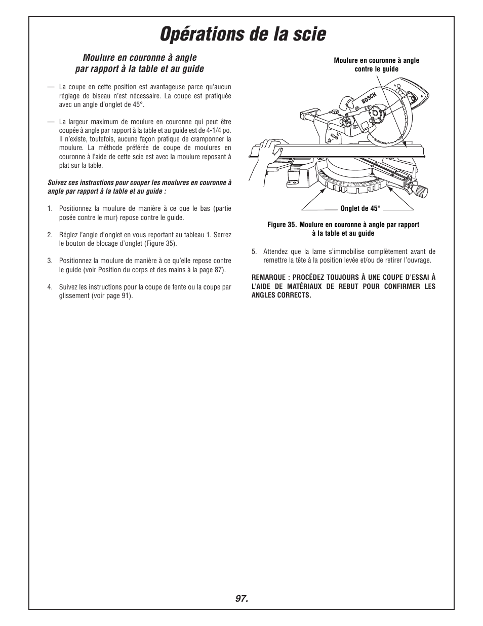 Opérations de la scie, 45 ° miter, Crown molding angled against fence | Bosch 3915 User Manual | Page 97 / 104