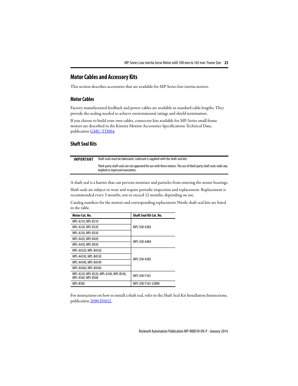 Motor cables and accessory kits, Motor cables, Shaft seal kits | Rockwell Automation MPL-xxxx Servo Motor  User Manual | Page 23 / 26