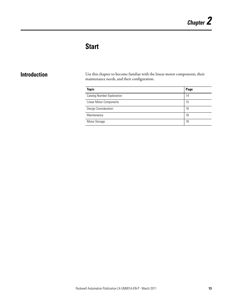 Start, Introduction, Chapter 2 | Chapter | Rockwell Automation LX-Series Iron Core Linear Servo Motors User Manual | Page 13 / 76