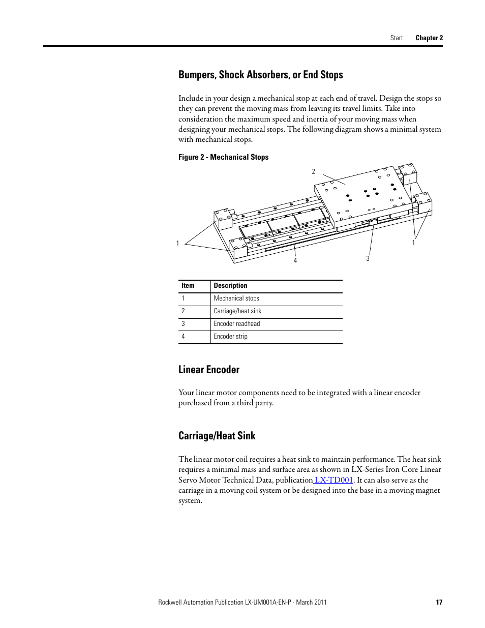 Bumpers, shock absorbers, or end stops, Linear encoder, Carriage/heat sink | Rockwell Automation LX-Series Iron Core Linear Servo Motors User Manual | Page 17 / 76