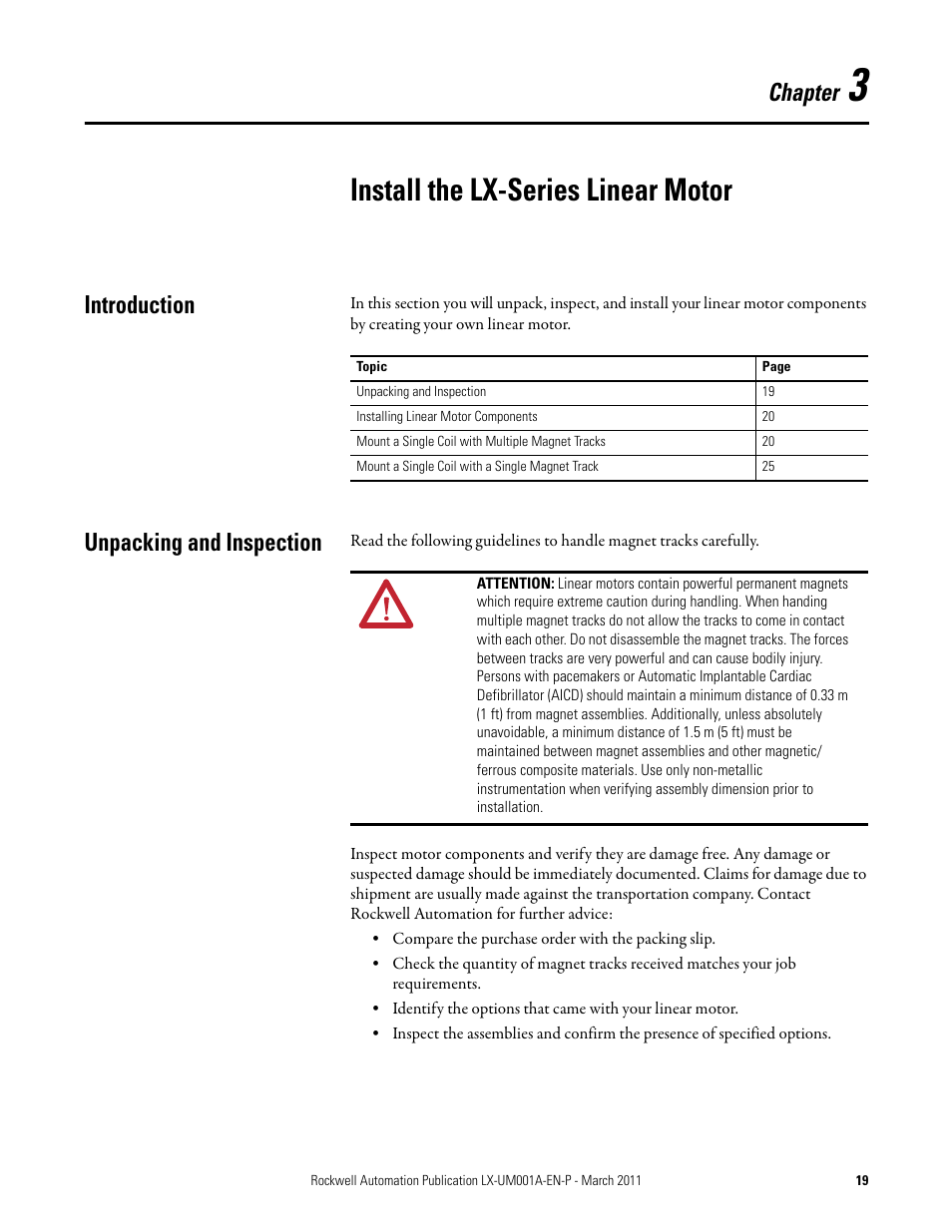 Install the lx-series linear motor, Introduction, Unpacking and inspection | Chapter | Rockwell Automation LX-Series Iron Core Linear Servo Motors User Manual | Page 19 / 76