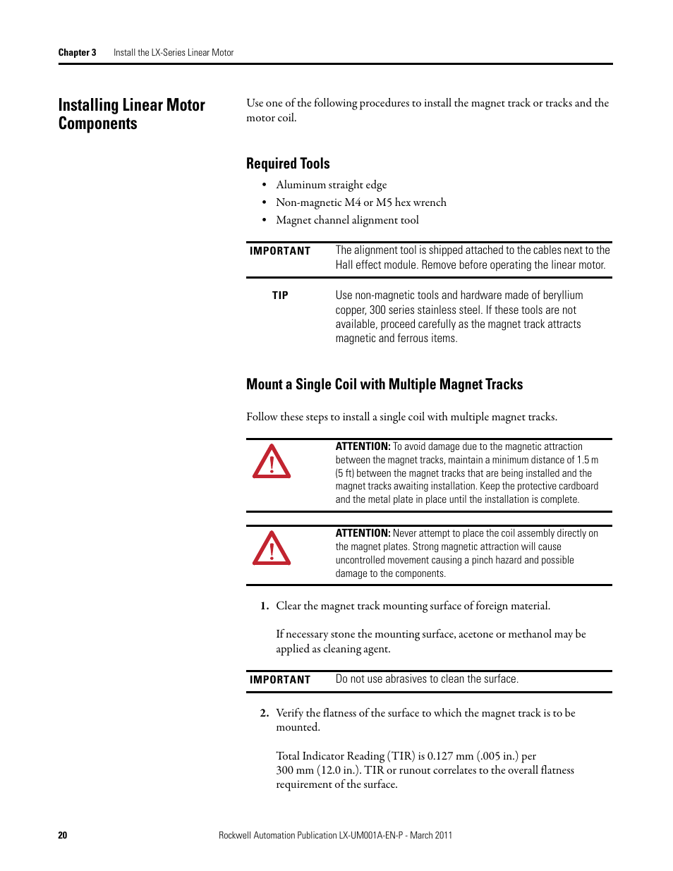 Installing linear motor components, Required tools, Mount a single coil with multiple magnet tracks | Rockwell Automation LX-Series Iron Core Linear Servo Motors User Manual | Page 20 / 76