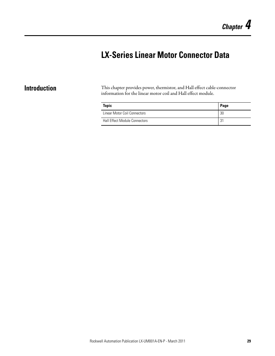 Lx-series linear motor connector data, Introduction, Chapter 4 | Chapter | Rockwell Automation LX-Series Iron Core Linear Servo Motors User Manual | Page 29 / 76