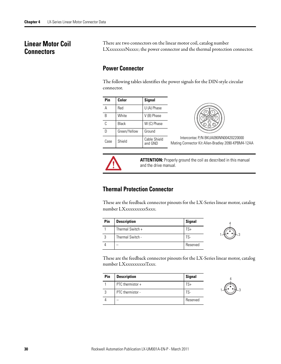 Linear motor coil connectors, Power connector, Thermal protection connector | Rockwell Automation LX-Series Iron Core Linear Servo Motors User Manual | Page 30 / 76