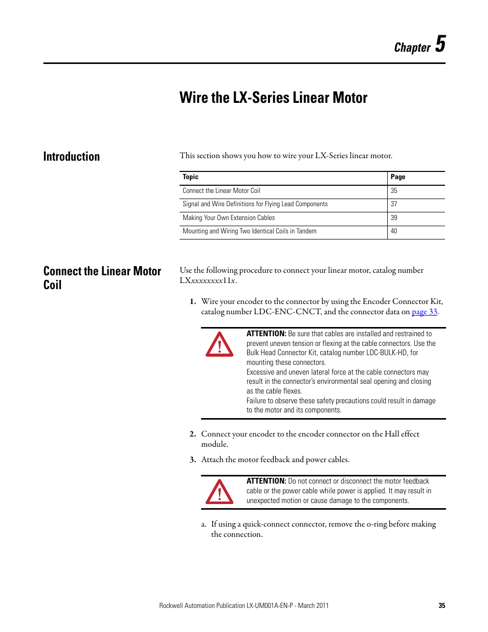 Wire the lx-series linear motor, Introduction, Connect the linear motor coil | Chapter 5, Wire the lx-series linear, Motor, Chapter | Rockwell Automation LX-Series Iron Core Linear Servo Motors User Manual | Page 35 / 76