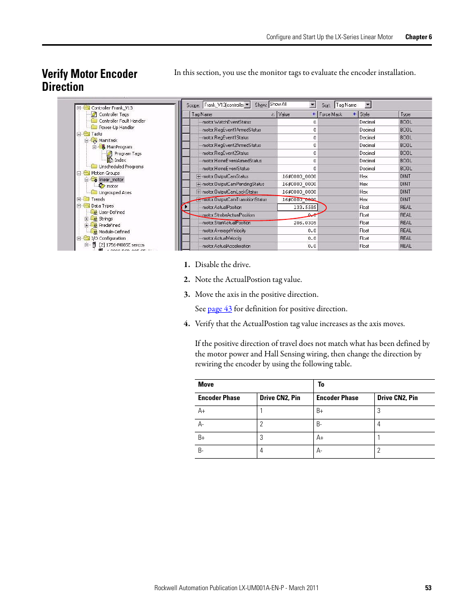 Verify motor encoder direction | Rockwell Automation LX-Series Iron Core Linear Servo Motors User Manual | Page 53 / 76