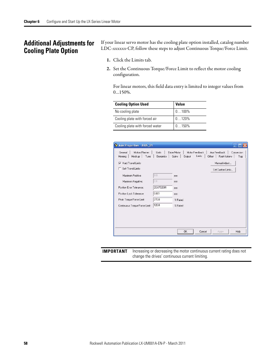 Additional adjustments for cooling plate option | Rockwell Automation LX-Series Iron Core Linear Servo Motors User Manual | Page 58 / 76