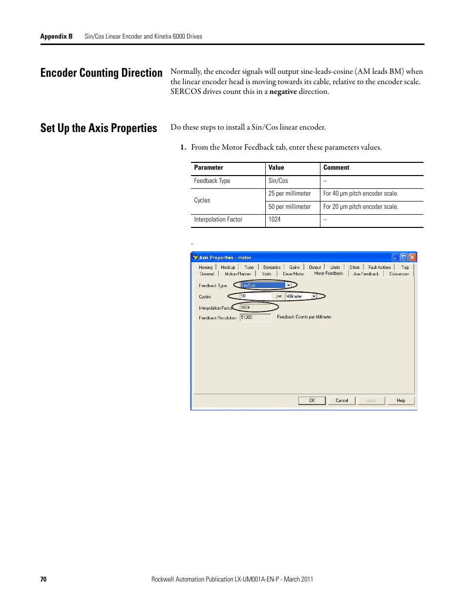 Encoder counting direction, Set up the axis properties | Rockwell Automation LX-Series Iron Core Linear Servo Motors User Manual | Page 70 / 76