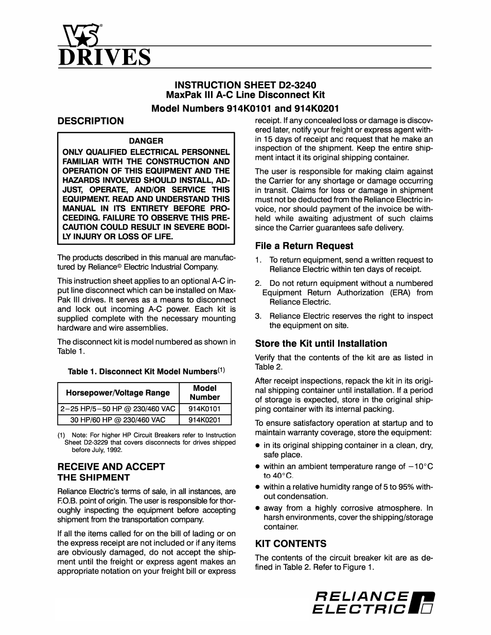 Rockwell Automation MaxPak III 914K0201 A-C Line Disconnect Kit User Manual | 4 pages