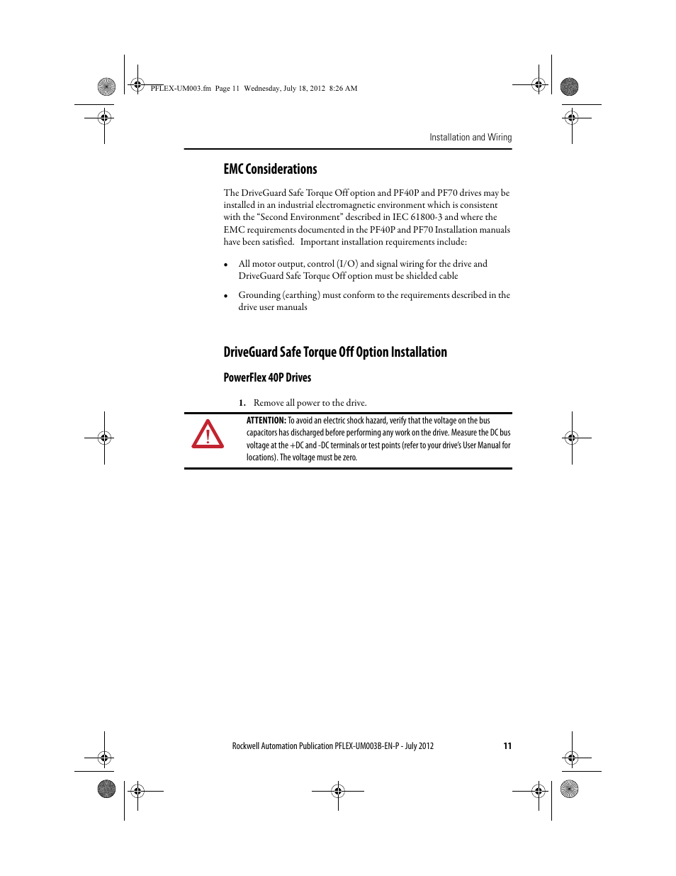 Emc considerations, Driveguard safe torque off option installation, Powerflex 40p drives | Rockwell Automation 22А PowerFlex DriveGuard Safe-Off User Manual - Series B User Manual | Page 11 / 24