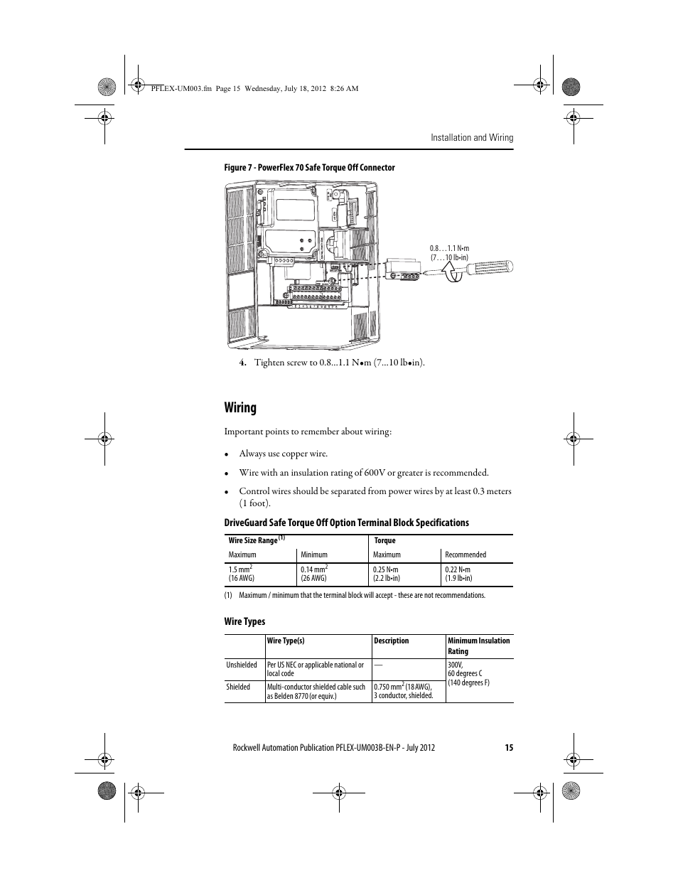 Wiring | Rockwell Automation 22А PowerFlex DriveGuard Safe-Off User Manual - Series B User Manual | Page 15 / 24