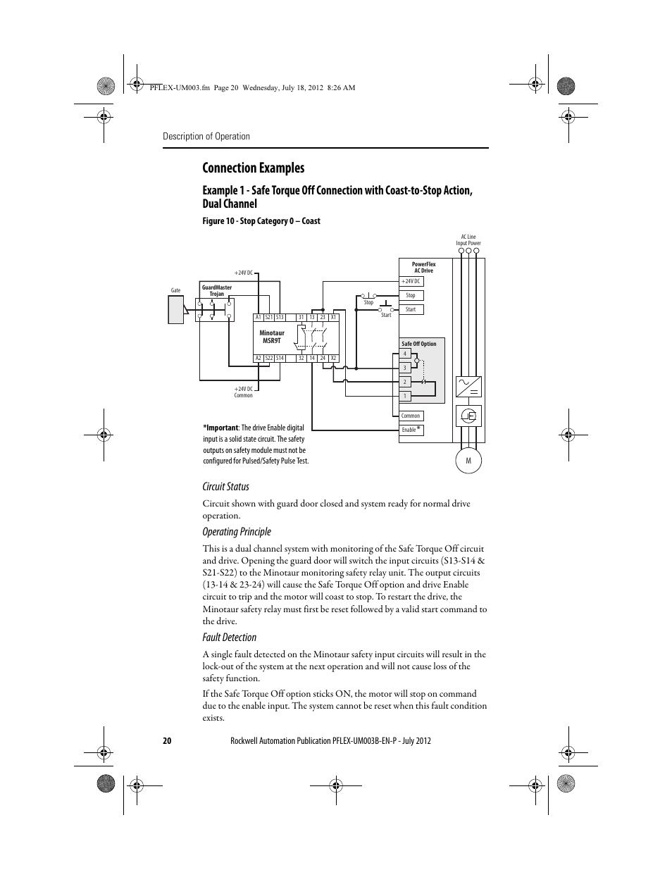 Connection examples, Circuit status, Operating principle | Fault detection | Rockwell Automation 22А PowerFlex DriveGuard Safe-Off User Manual - Series B User Manual | Page 20 / 24