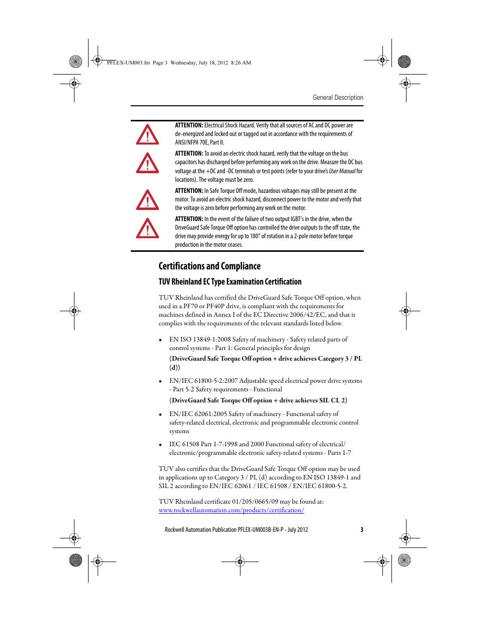 Certifications and compliance, Tuv rheinland ec type examination certification | Rockwell Automation 22А PowerFlex DriveGuard Safe-Off User Manual - Series B User Manual | Page 3 / 24