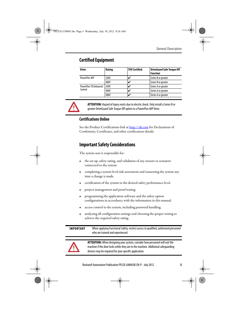 Certified equipment, Certifications online, Important safety considerations | Rockwell Automation 22А PowerFlex DriveGuard Safe-Off User Manual - Series B User Manual | Page 5 / 24