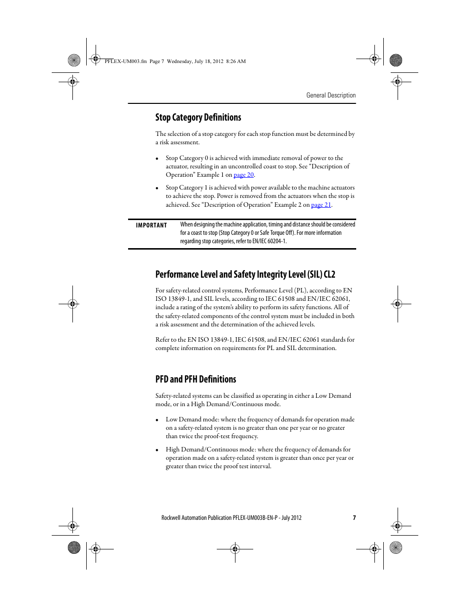 Stop category definitions, Pfd and pfh definitions | Rockwell Automation 22А PowerFlex DriveGuard Safe-Off User Manual - Series B User Manual | Page 7 / 24