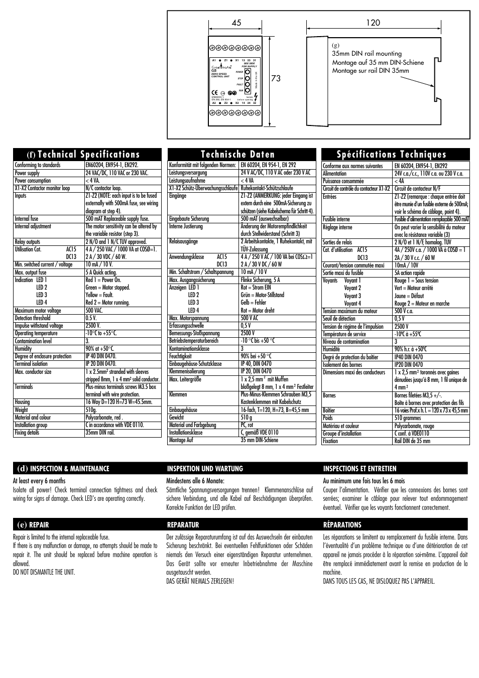 Technical specifications, Spécifications techniques technische daten | Rockwell Automation 440R CU3 Motor Stopped Motion/Slow Speed Detector User Manual | Page 3 / 4