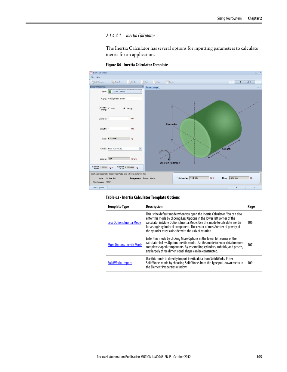 Inertia calculator, Inertia calculator template, To ca | Se the | Rockwell Automation Motion Analyzer Software User Manual | Page 105 / 280