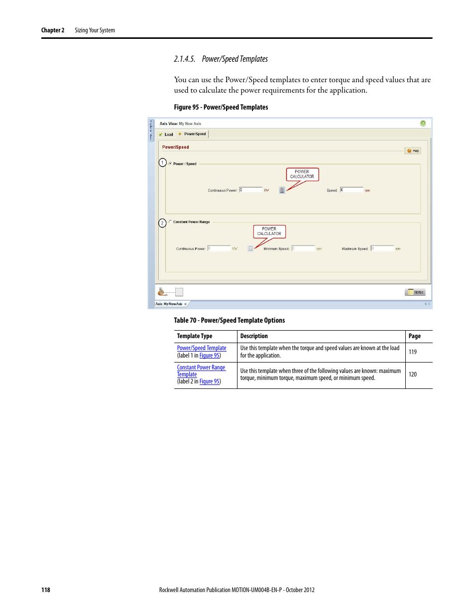 Power/speed templates | Rockwell Automation Motion Analyzer Software User Manual | Page 118 / 280