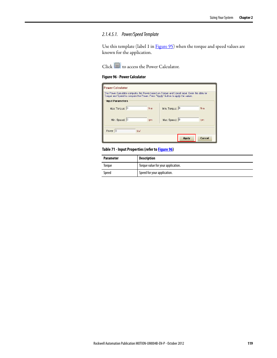 Power/speed template | Rockwell Automation Motion Analyzer Software User Manual | Page 119 / 280