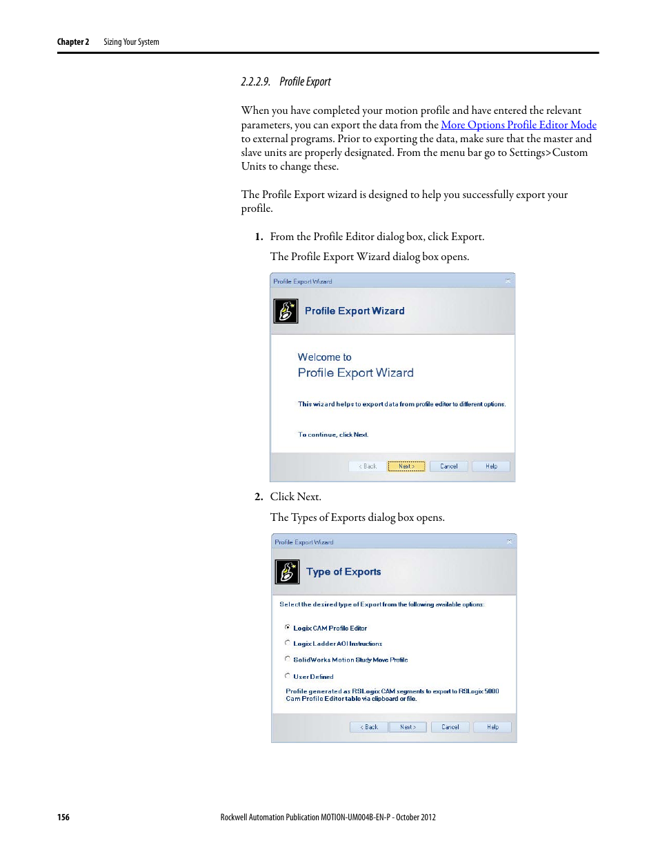 Profile export | Rockwell Automation Motion Analyzer Software User Manual | Page 156 / 280