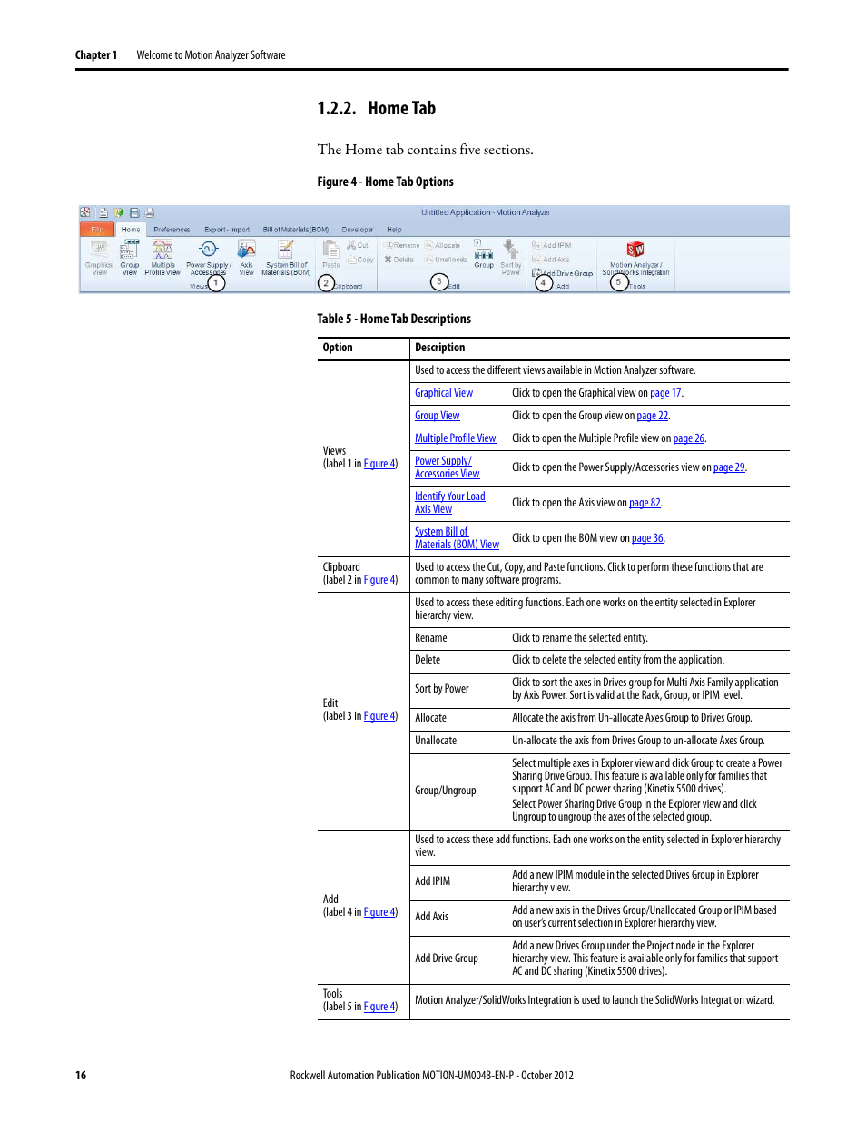 Home tab, E home tab | Rockwell Automation Motion Analyzer Software User Manual | Page 16 / 280