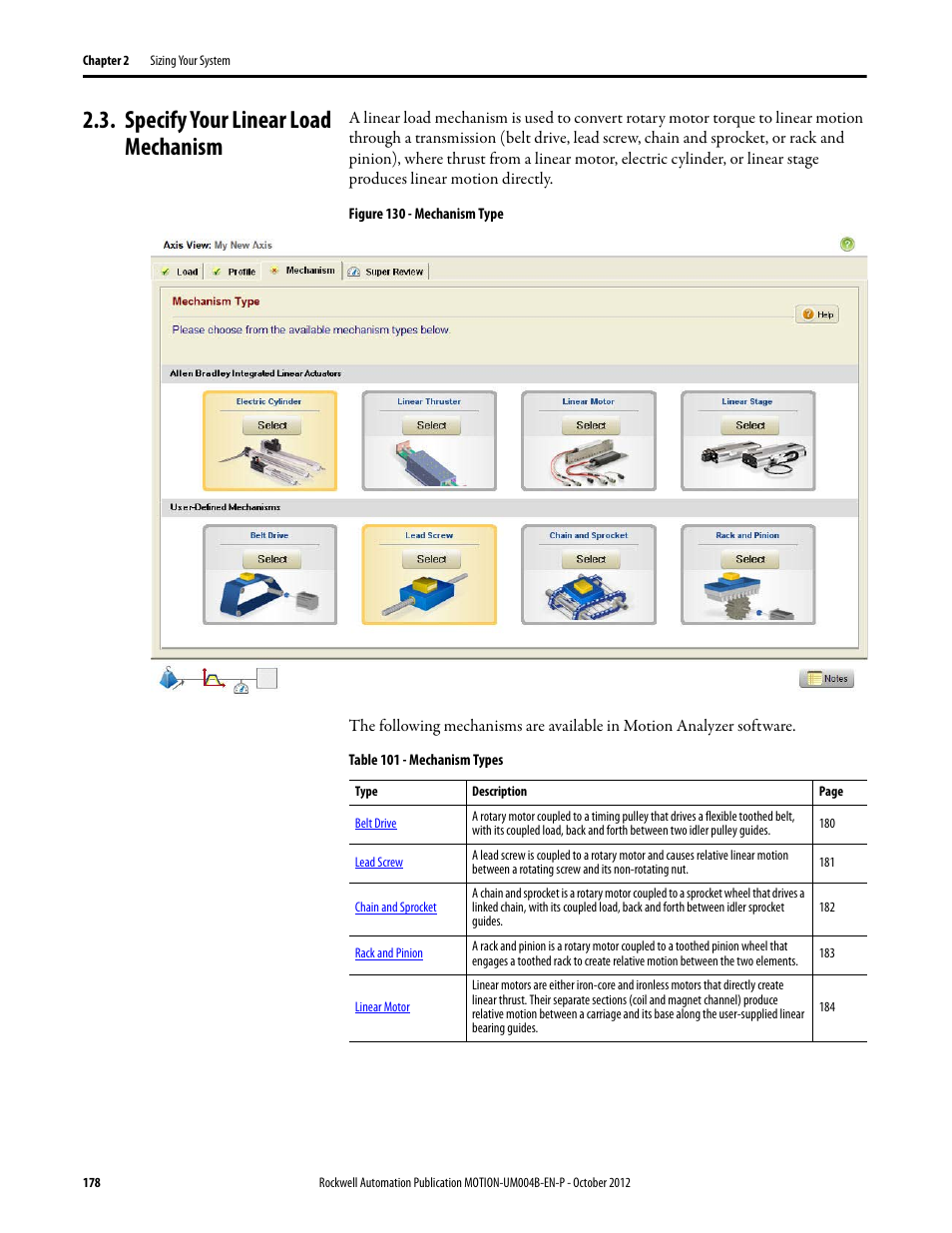 Specify your linear load mechanism, Mechanism type | Rockwell Automation Motion Analyzer Software User Manual | Page 178 / 280