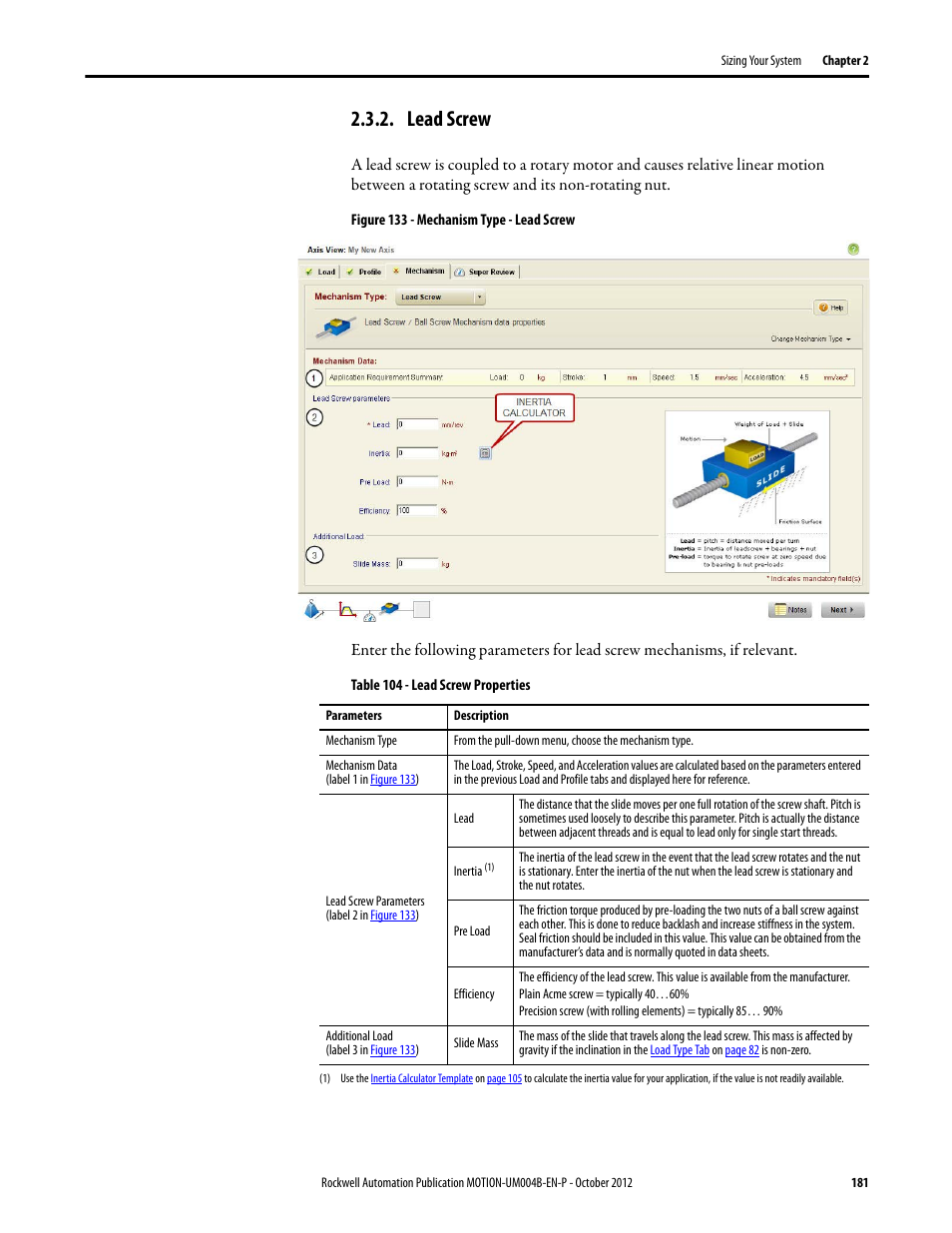 Lead screw, D in, Table 104 | Rockwell Automation Motion Analyzer Software User Manual | Page 181 / 280