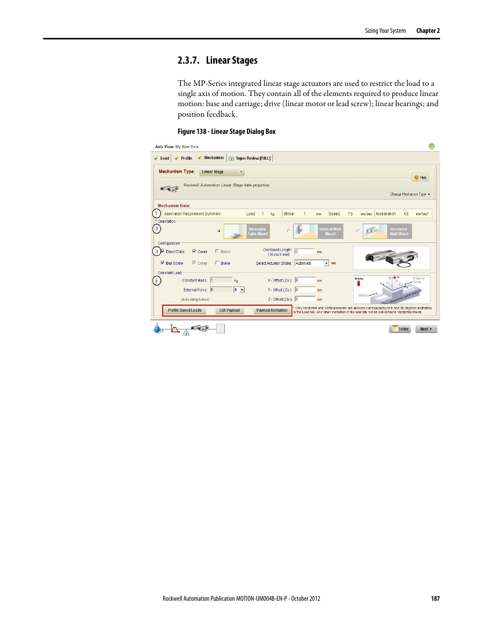 Linear stages | Rockwell Automation Motion Analyzer Software User Manual | Page 187 / 280